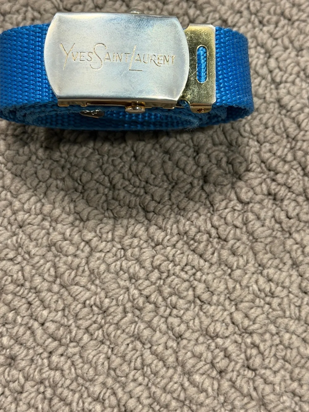 Yves Saint Laurent Bright Blue Webbing Belt with Silver Buckle